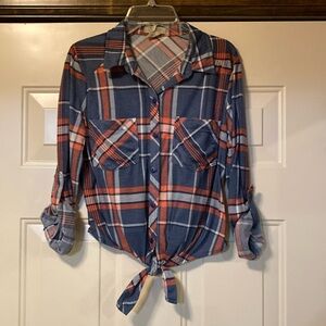 Small Blue and Peach Plaid Long-Sleeved Button Down with Tie Waist - Passport